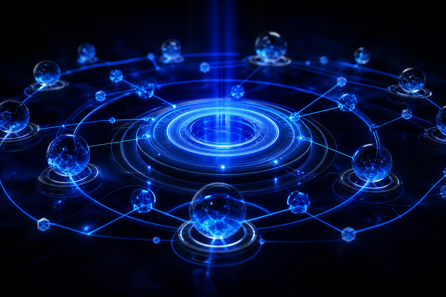 Glowing blue settlement portal with orbiting network nodes