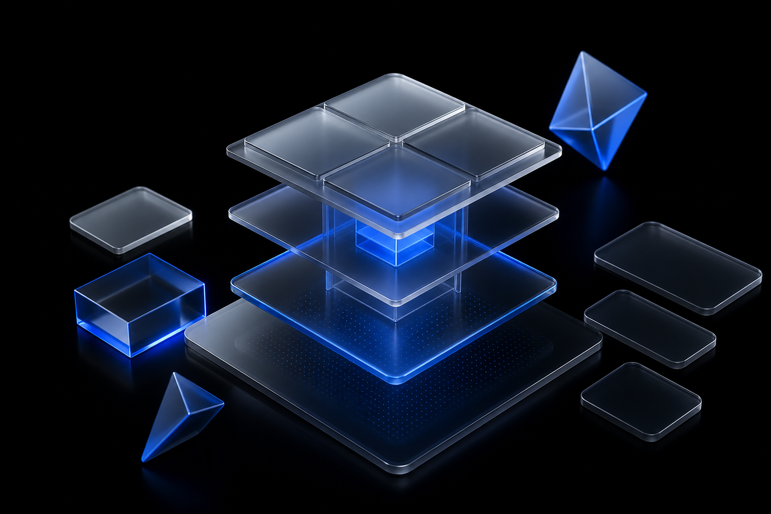 Floating glass developer panels with blue holographic glow